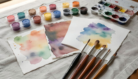 Watercolor papers of different textures, a fan of brushes and rows of pigment pans on a pale linen cloth