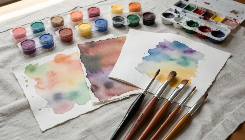 A flat lay of watercolor papers of different textures, a fan of brushes and rows of pigment pans on a pale linen cloth.
