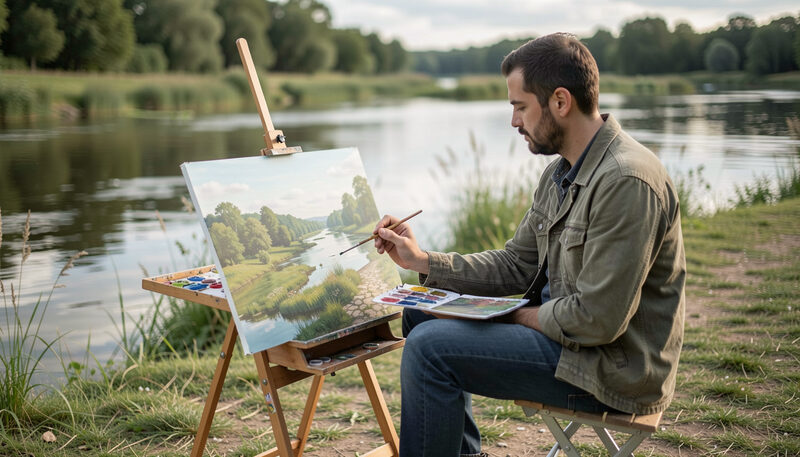An artist painting a riverbank scene outdoors from a folding stool, with a landscape taking shape on the paper.