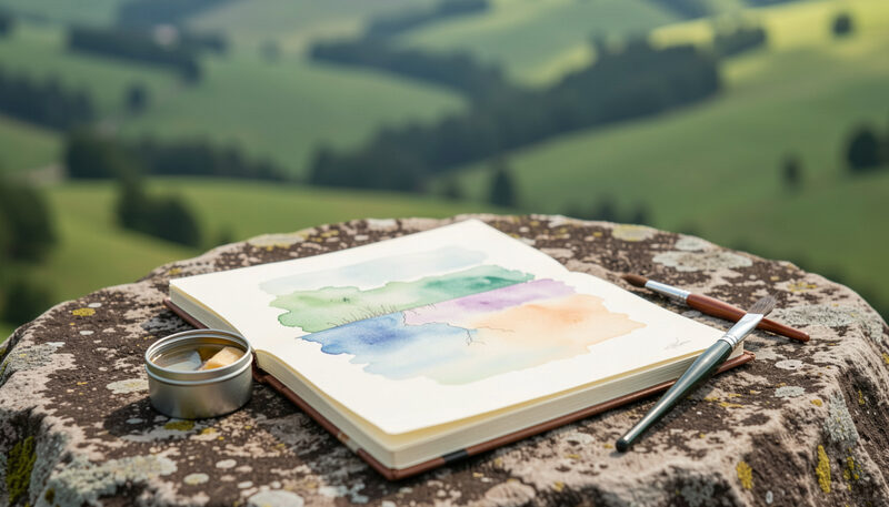 A wooden drafting table by a north-facing window, a thirty-two page paper dummy open to a pencil-sketched spread, a small watercolor palette with six dried wells beside it, soft morning light raking across the paper.